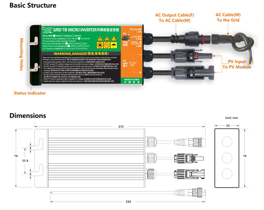 350Watt Solar Grid Tie Microinverter MPPT Pure Sine Wave DC18-50V Input AC190-260V Output ﻿