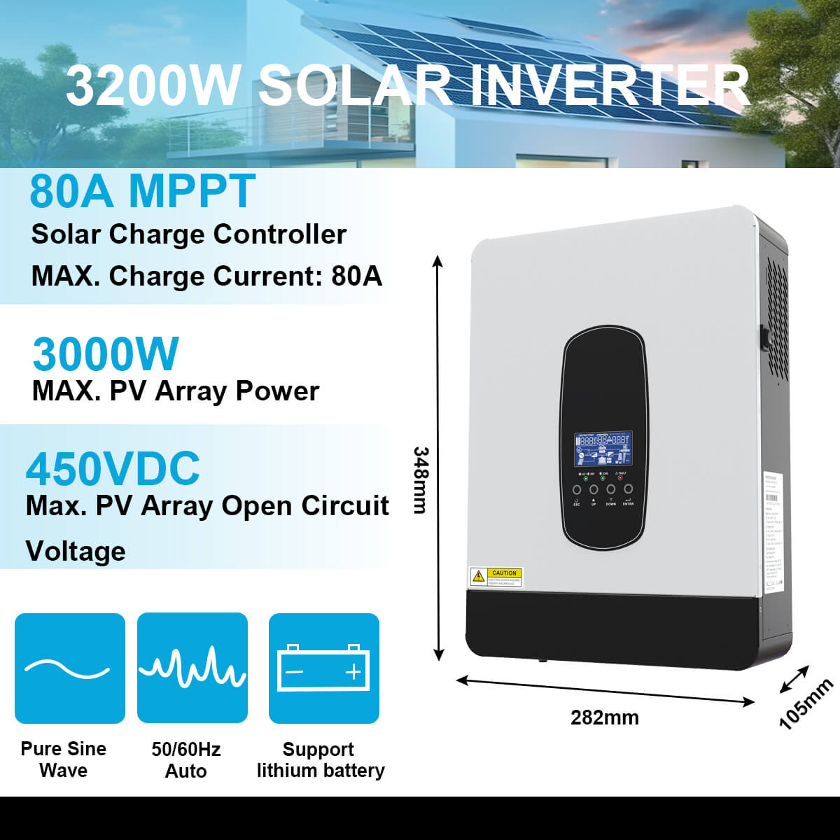 Wa Solar Inverters Y&H 3200W Solar Hybrid Inverter DC55-450V AC230V Off-Grid Pure Sine Wa ...