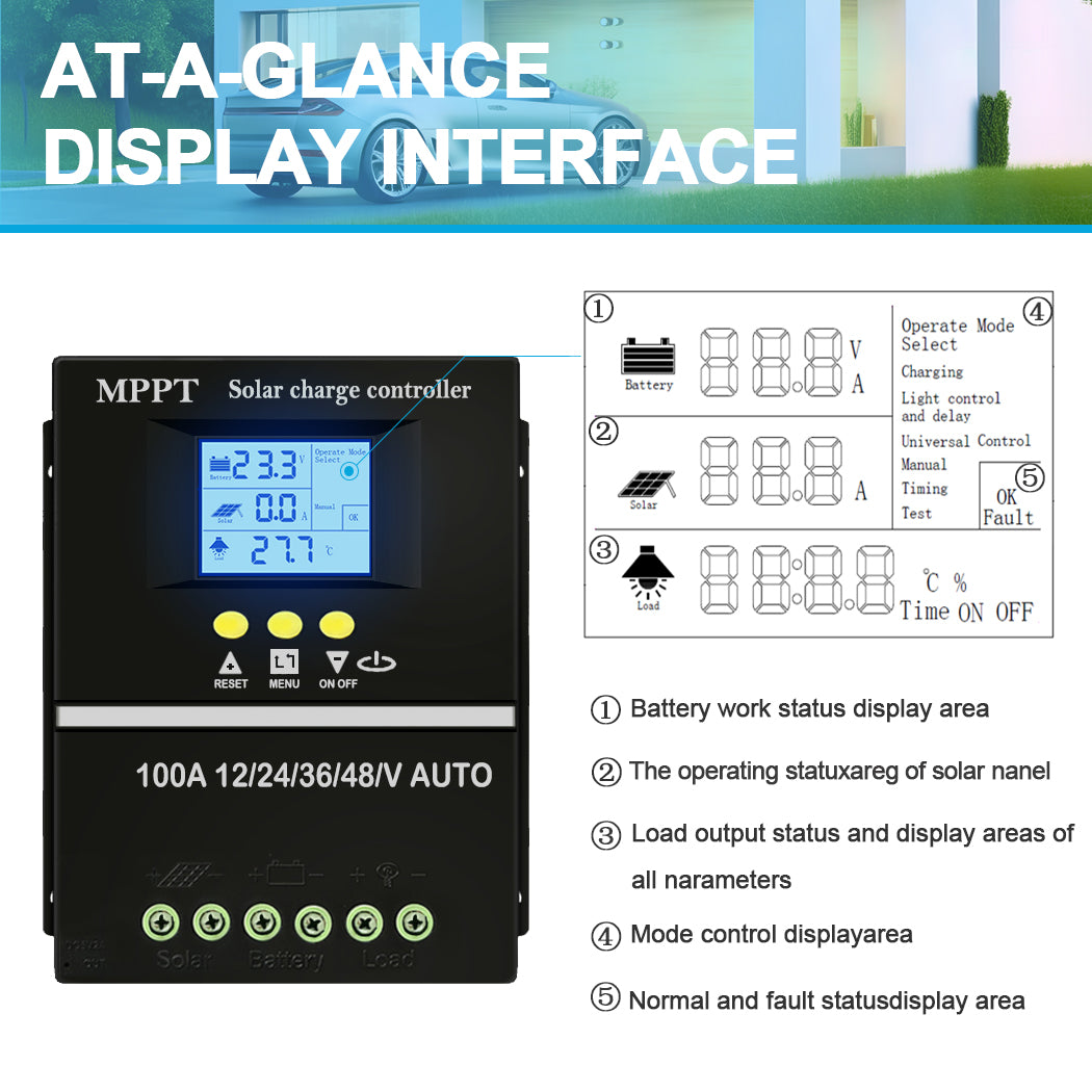 60A 80A 100A LCD Display Solar Charge Controller for 12V\24V\36V\48V Battery Intelligent Regulator Max 90V Input Dual USB for Lead-acid/Lithium